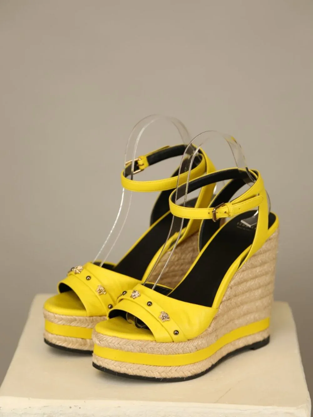 Versace Yellow Leather Espadrille Platform Wedge Sandals